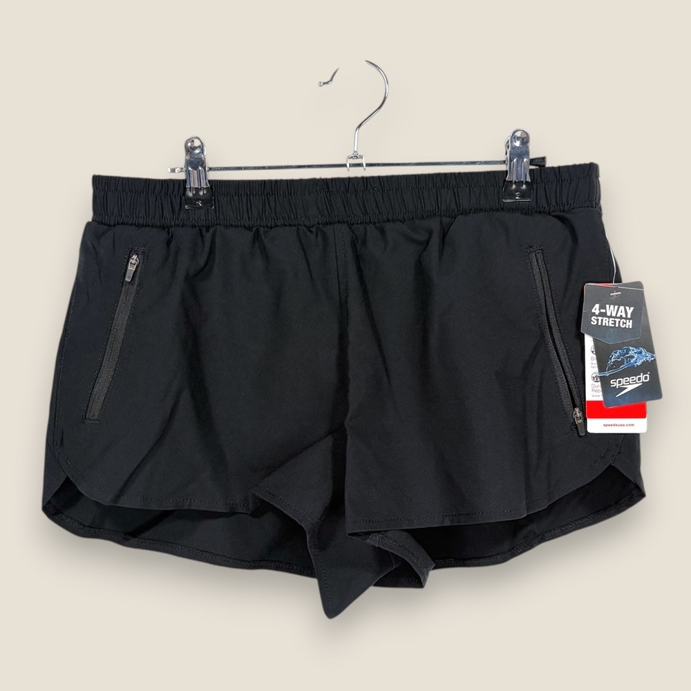 Speedo Athletic Shorts Womens Small Black 4-Way Stretch Zipper Pockets Running